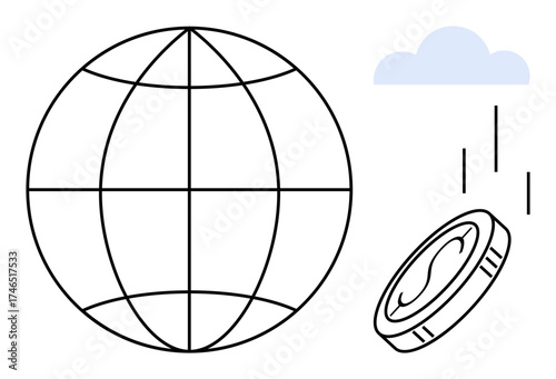Globe represents interconnected economies coin signifies wealth and investment cloud and rain express unpredictable market forces. Ideal for business, innovation, economy, finance, globalization
