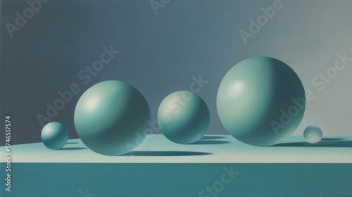Four teal colored spheres of different sizes rest side by side on a flat surface against a muted gradient background.