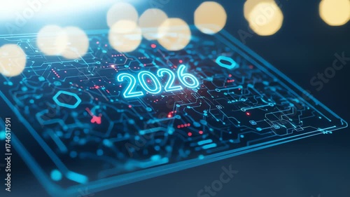 Futuristic digital interface displays the year 2026 with glowing neon blue circuits and bokeh lights