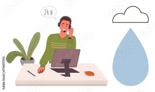 Customer support specialist at desk with headset beside cloud and water drop. Ideal for customer support, communication, environmental awareness, work efficiency, remote work, sustainability, advice