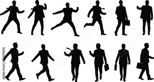 Businessman silhouettes, walking and gesturing poses, office professionals with briefcases, corporate movement, leadership, teamwork, communication, workplace activity illustration set