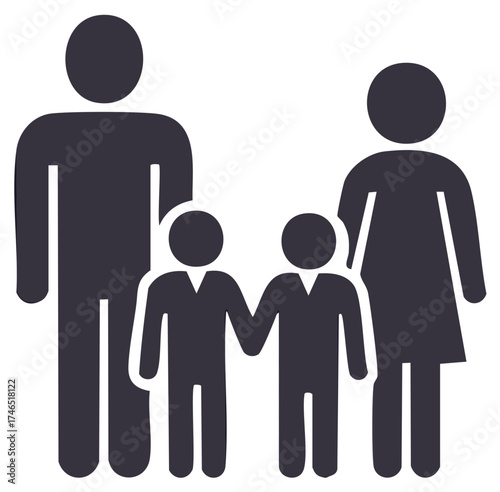 Stylized family group illustration with parents and two children standing together