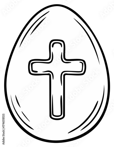 Black and white outline of an Easter egg featuring a Christian cross symbol