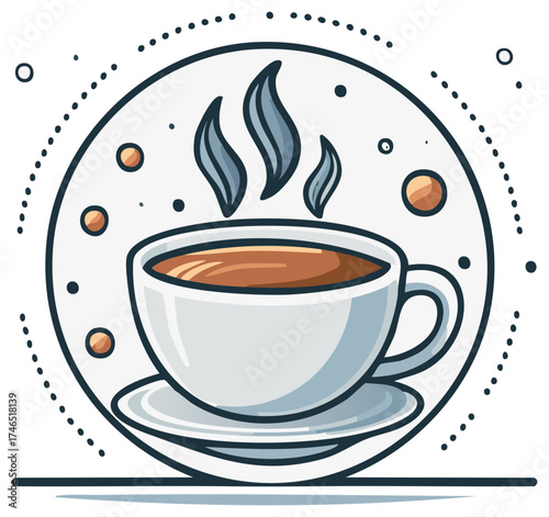 Warm steaming cup of coffee on saucer with decorative circular frame and dots