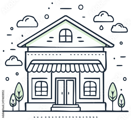 Illustrated shopfront with awning, trees, clouds, and minimalistic design elements