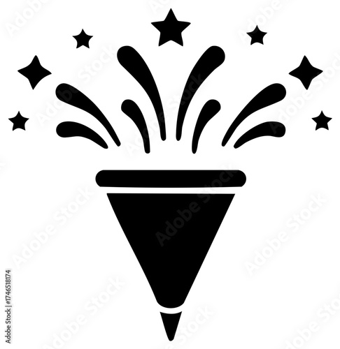 Black party popper icon exploding with stars and confetti representing celebration joy and festive event fun