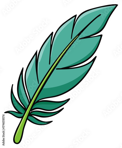 Vibrant single teal feather drawing with black outline design