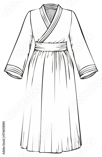Traditional Japanese Kimono Dress Outline Drawing with Obi Sash and Wide Sleeves