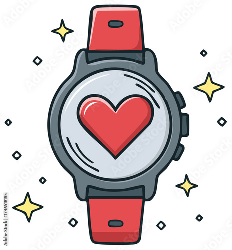 Illustration of fitness tracker smartwatch with heart rate monitor and sparkles for health tracking