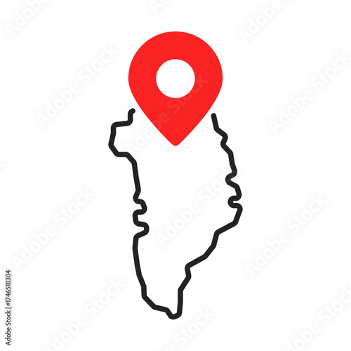thin line greenland map with red pin point
