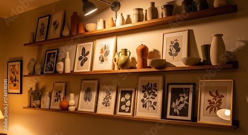 Artistic Wall Display with Framed Prints and Pottery
