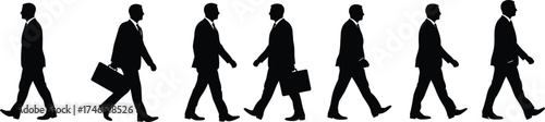 Businessman walking silhouettes, professional progression, office routine, corporate career journey