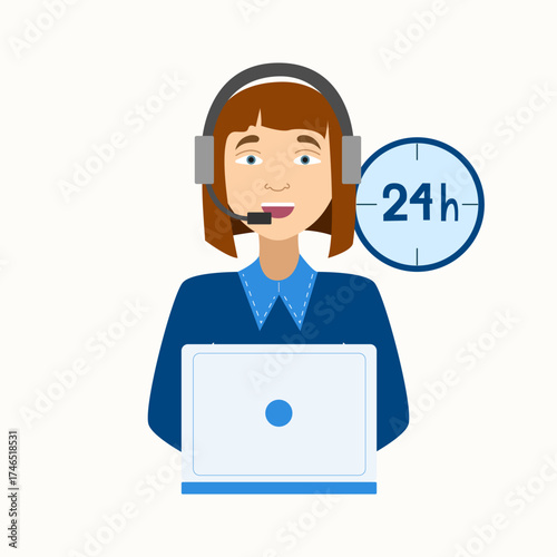 Customer support agent with headset working on a laptop, around the clock service icon. For websites, help center pages, app onboarding, banners and marketing materials.