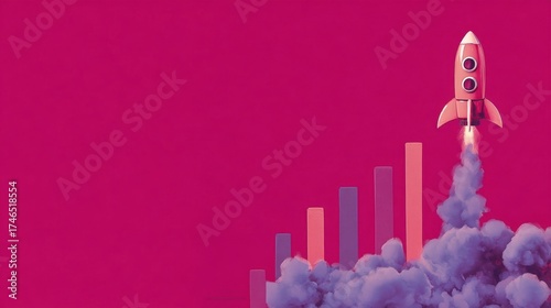 A pink rocket launching into space symbolizes rising success and progress against a vibrant magenta background with asce