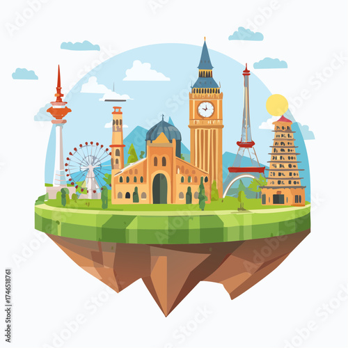 Illustrated world landmarks floating island with vector style and copy space