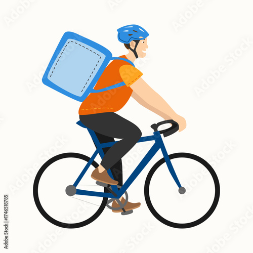 Bike courier with delivery backpack and helmet in motion. For delivery apps, promo flyers, logistics pages, onboarding screens and ads.