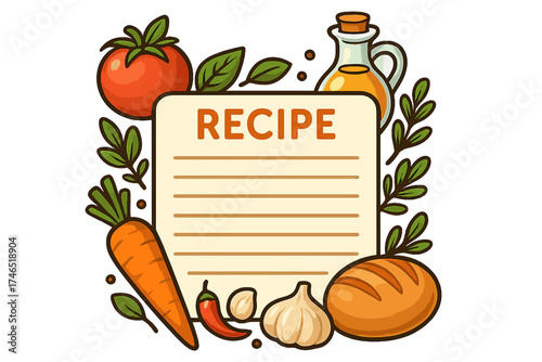 Colorful recipe card with vegetables and olive oil illustration