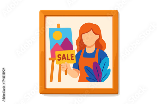 Woman artist holding a sale sign next to her artwork in studio  