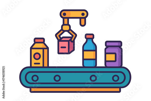 Product packaging on conveyor belt with robotic arm in factory Assembly line