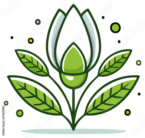 Stylized green flower illustration with leaves and dots, botanical design, springtime.