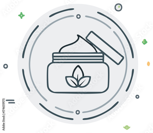 Natural organic beauty cream jar with open lid and plant leaf symbol for skincare product