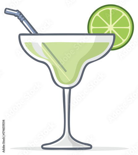 Margarita cocktail vector illustration icon with lime slice garnish and straw