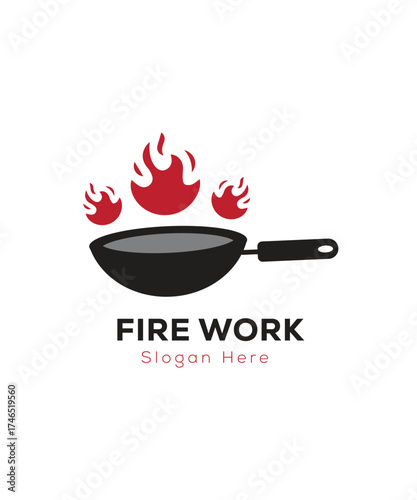 Frying pan logo design, Vector pan with a fire logo design concept illustration idea, fire work cooking logo