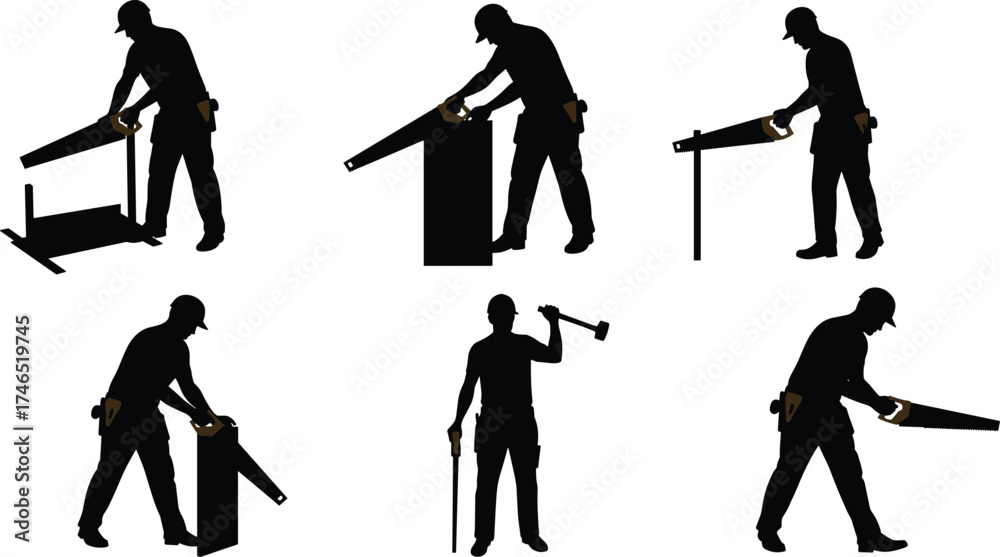 Obraz premium Carpenter silhouettes, woodworking tasks, sawing and hammering, carpentry tools, manual labor, craftsmanship, construction work, furniture making, building process, workplace industry illustration