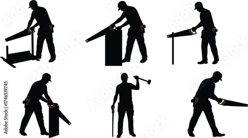 Carpenter silhouettes, woodworking tasks, sawing and hammering, carpentry tools, manual labor, craftsmanship, construction work, furniture making, building process, workplace industry illustration