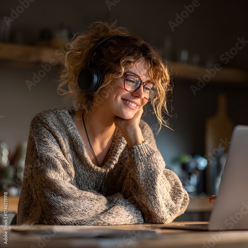 Freelancer sitting at kitchen table with laptop, wearing over-ear headphones, smiling during video call, warm cozy light