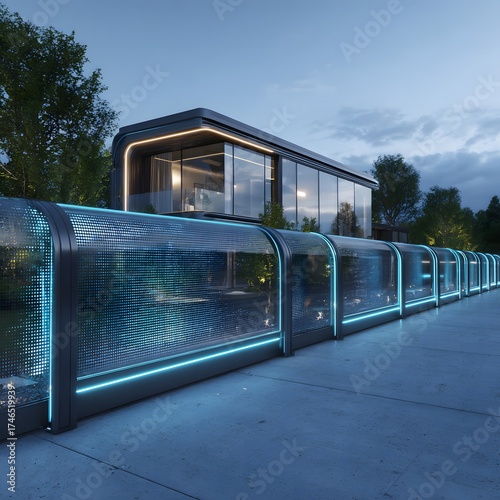 
Futuristic fence with glowing LED panels, sleek curved metal and glass, minimalistic design, futuristic suburban house, neon accents, evening light,
