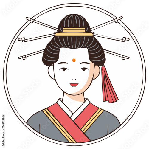 Portrait of a beautiful ancient Asian empress or noblewoman with a traditional hairstyle and ornate hairpins