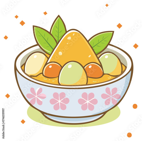 Festive Rice Dumpling Bowl with Colorful Orbs and Greens