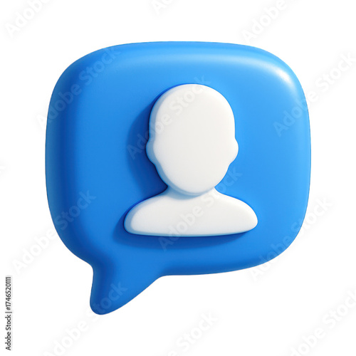 3D blue message bubble with a white person silhouette, symbolizing user communication