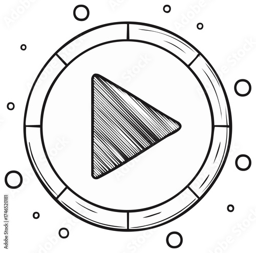 Doodle play button with segmented circle, hand drawn element of design, round media symbol