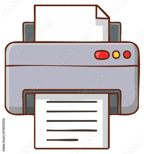 Cartoon illustration of a printer with paper output and input.