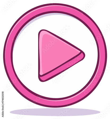 Pink play button symbol inside a circle, with drop shadow, concept of media.