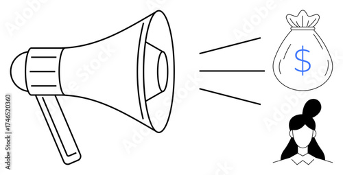 Megaphone emitting sound lines directed toward a money bag and a female figure. Ideal for marketing, advertising, public messaging, financial promotion, communication, outreach. Simple flat metaphor