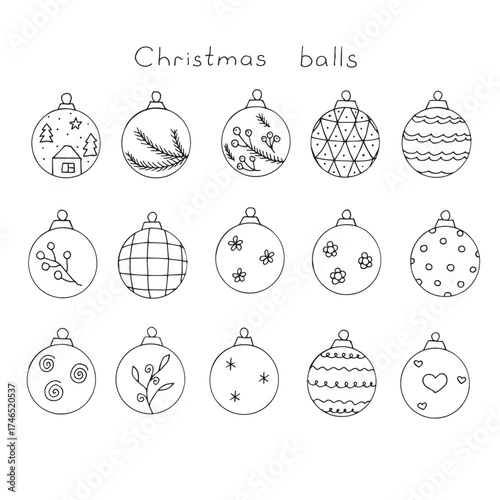 Christmas balls set of elements, hand drawing, vector illustration