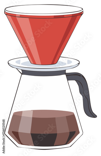 Red Coffee Pour Over Dripper and Glass Carafe with Brewed Coffee Illustration