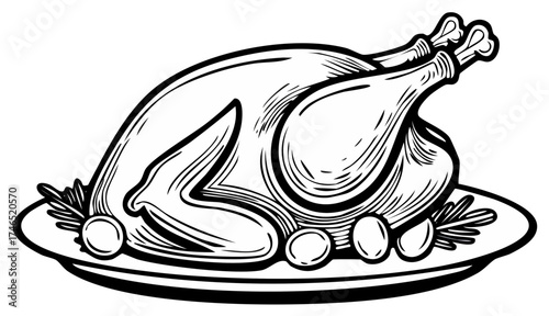 Traditional roasted holiday bird with savory garnish on an elegant platter black and white line art vector