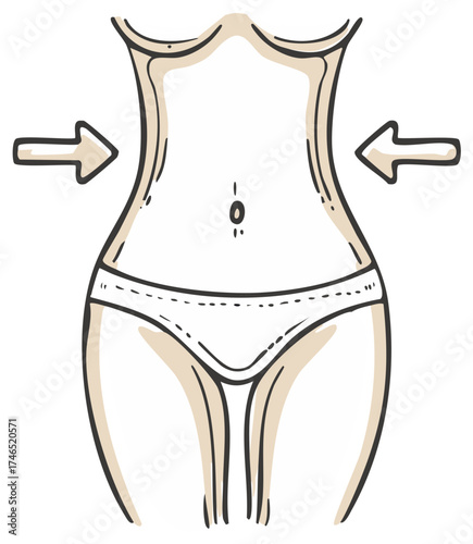 Hand drawn woman's body with arrows at slim waist for weight loss and diet concept