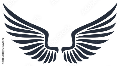Elegant pair of stylized black wings spread open, graphic icon illustration