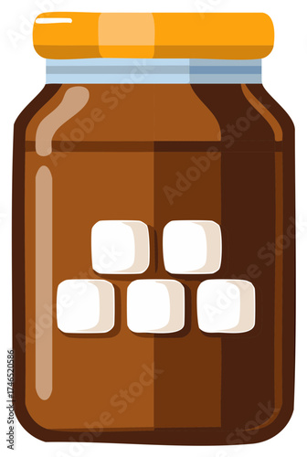 Cartoon Glass Jar Filled with Sweet Brown Syrup and White Sugar Cubes, Sweet Food Illustration