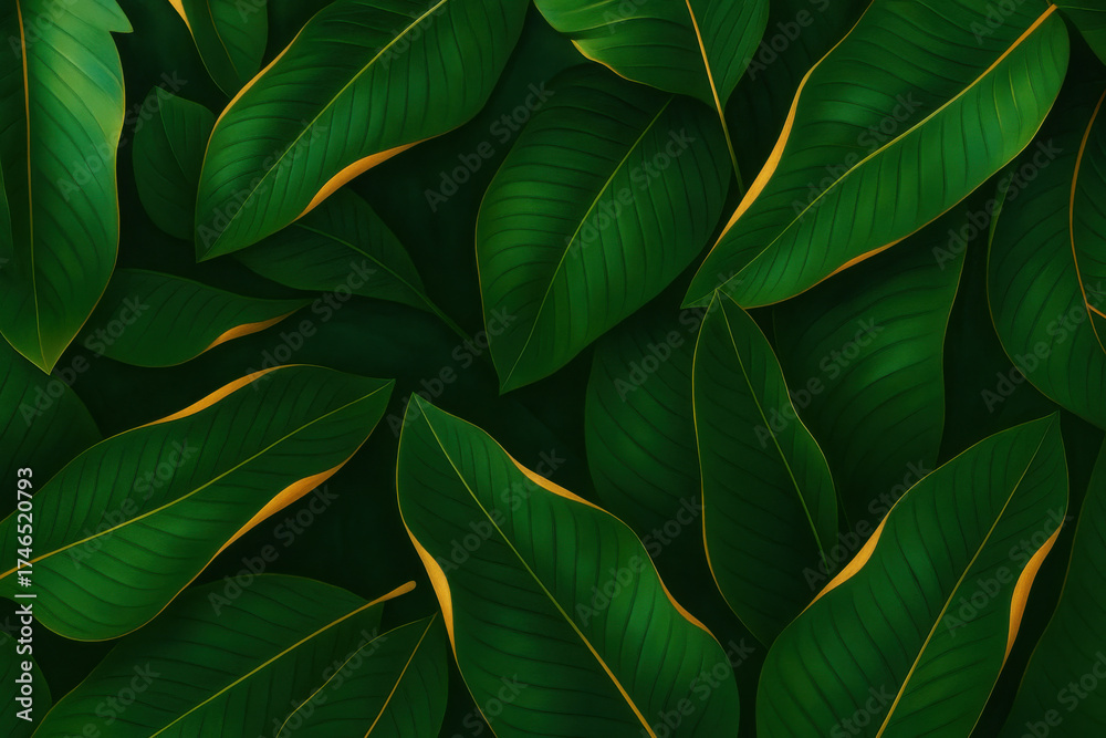 Naklejka premium Tropical Green Leaves Pattern with Golden Veins