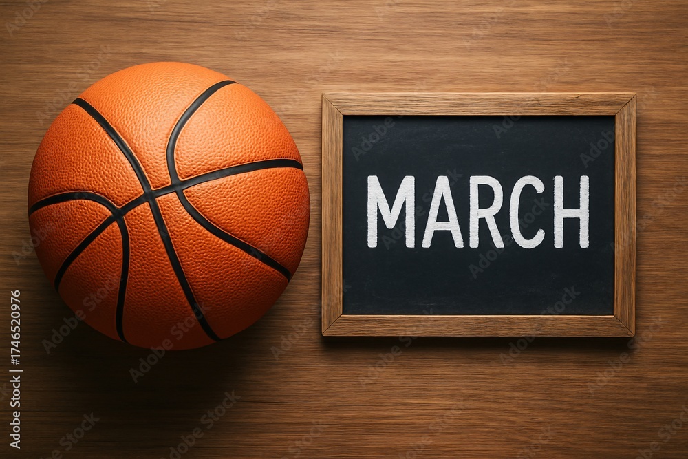 Fototapeta premium Top view of a basketball and chalkboard with March text on a wooden surface