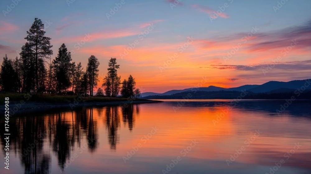 Fototapeta premium A tranquil evening scene of a large lake with calm waters reflecting the soft hues of the sunset,
