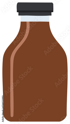 Brown liquid filled in a glass bottle with black cap, organic beverage container vector