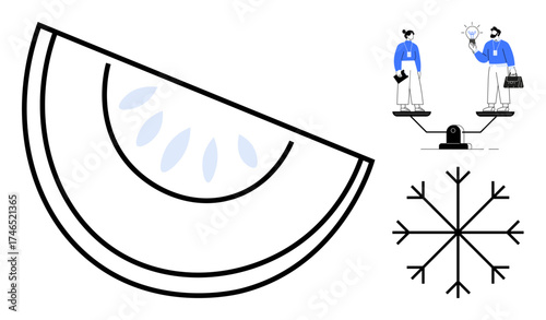 People collaborating on a balanced scale with a lightbulb, a snowflake design, and a citrus slice emphasize ideas, teamwork, balance, nature, creativity, innovation. Ideal for teamwork creativity