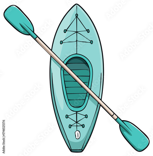 Overhead cartoon illustration of a turquoise kayak with a paddle for water sports